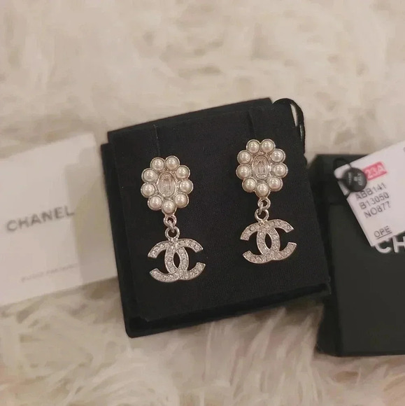 Chanel Silver Pearl Crystal CC Dangling Earrings